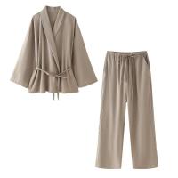 BUNO-Conjunto de pantalón de pierna ancha para mujer, chaqueta fina de manga larga con cuello de pico y solapa, abrigo con cinturón, traje liso para verano, 2025 - details 2