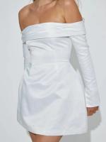 Vestido corto plisado de manga larga con hombros descubiertos para mujer, minivestido elegante de corte en A, ajustado, desechable - details 2