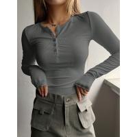 Camisetas de manga larga para mujer, Tops de punto informales, ropa de calle de moda Y2K, camiseta de Color sólido con botones, Tops acanalados - details 9