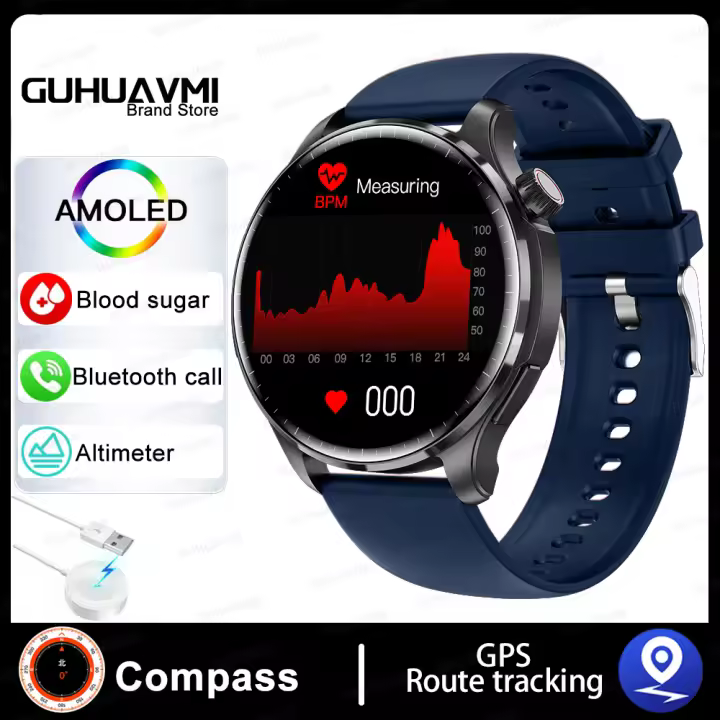 Reloj inteligente AMOLED para hombre y mujer,1.53 inch AMOLED Full circle touch screen  pulsera deportiva con llamadas bluetooth, NFC, brújula, seguimiento GPS, control del azúcar en la sangre,Professional Waterproof,compatible con Apple y Samsung 2024 - 1