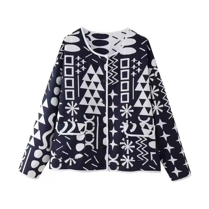 BUNO-Chaqueta de algodón reversible con estampado geométrico para mujer, chaqueta holgada de estilo callejero, informal, de un solo pecho, novedad de verano, 2025 - 1