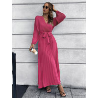 Vestido largo casual con cuello en V Murder de pliegues y encaje para damas 2025 - details 3