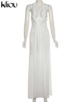 Kliou Halter fruncido mujeres Maxi vestido clásico sólido cuello bajo espalda descubierta elegante Simple bata femenina High Street Vestidos de vacaciones - details 1