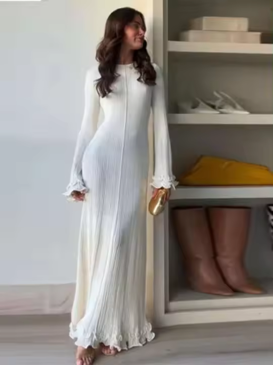 Vestido largo de punto con mangas acampanadas y dobladillo con volantes para mujer, Vestido elegante con espalda descubierta y cuello redondo con cordones, batas de vacaciones para mujer - 1