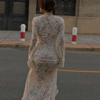 BUNO-vestido de encaje transparente para mujer, maxivestido Sexy de manga larga con cuello redondo, vestido de vaina, bata de noche impresionante - details 2