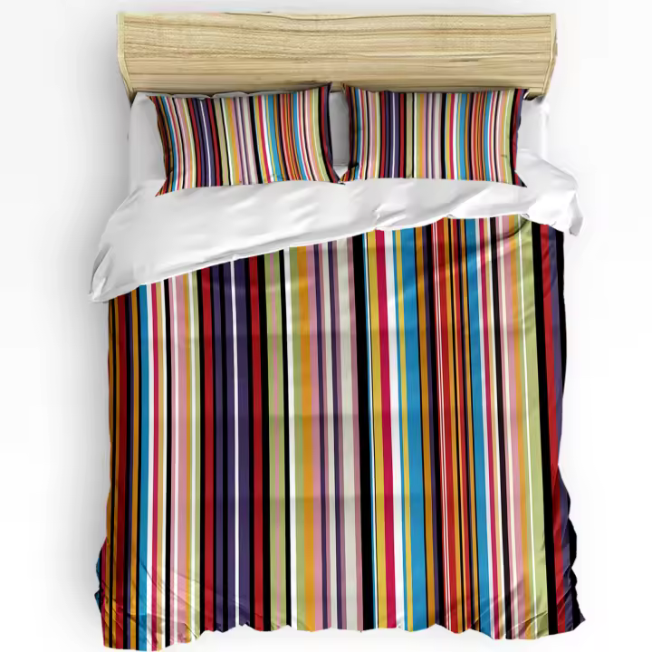 Sábana Arco Iris Geométrica con Rayas y Funda para Almohada Conjunto de 3 Piezas de Ropa de Cama Duble con Cubierta de Edredón para Hogar - 1