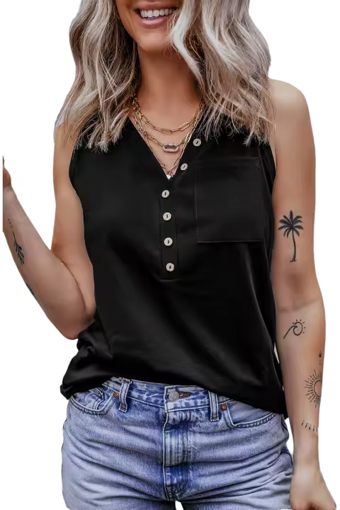 Elrachen Camiseta sin mangas con cuello en V y bolsillo parchado para mujer, negro, tallas S-XL - 1