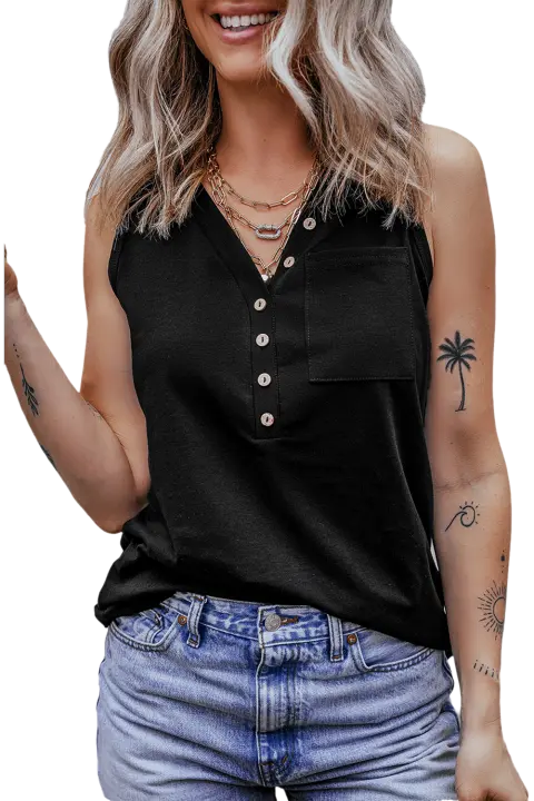 Elrachen Camiseta sin mangas con cuello en V y bolsillo parchado para mujer, negro, tallas S-XL - 1