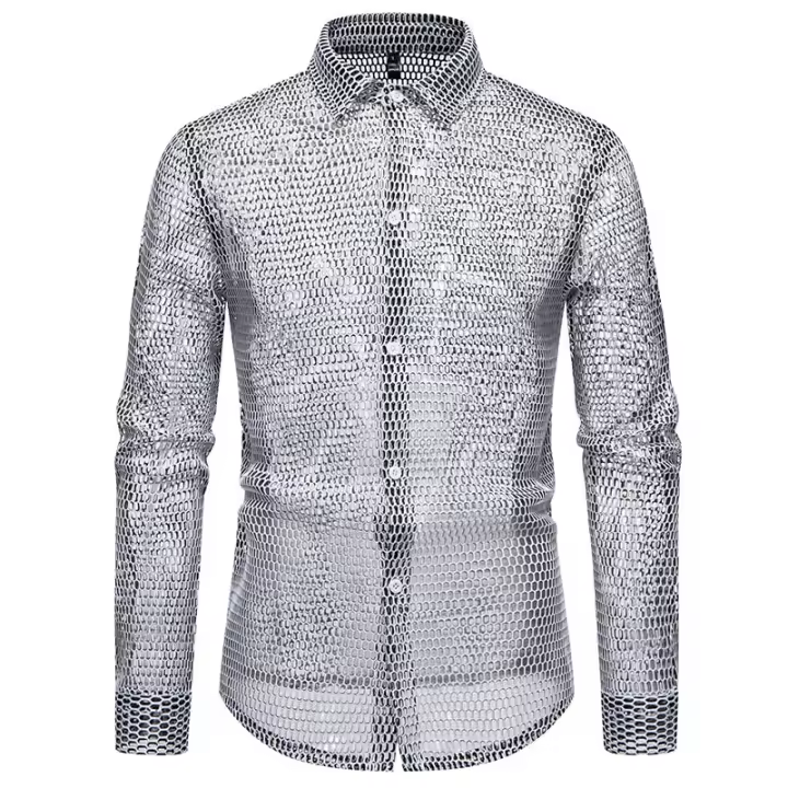 Camisa à manches longues évidée pour hommes, camisas de performance de personnalité, camisas de danse en boîte de nuit pour hommes, diseño de modo, nouveau - 1