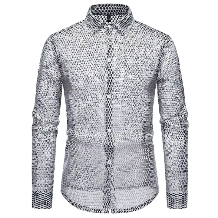 Camisa à manches longues évidée pour hommes, camisas de performance de personnalité, camisas de danse en boîte de nuit pour hommes, diseño de modo, nouveau - 1