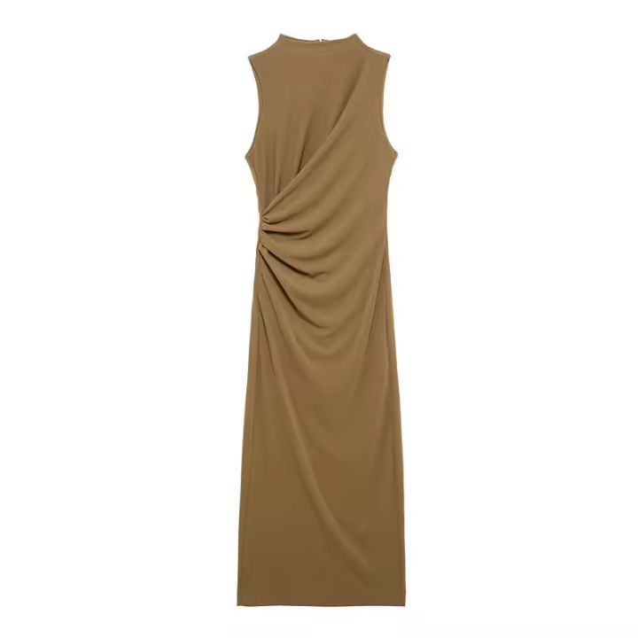 - Diseño plisado sin mangas, color sólido, temperamento elegante, cintura recta, vestido, falda larga, ropa de mujer. - 1