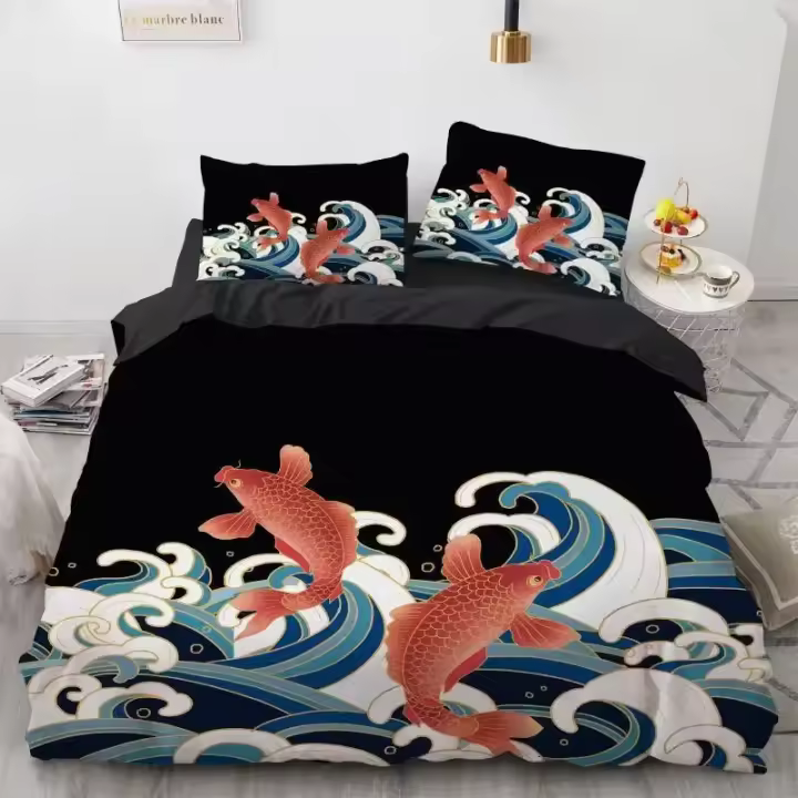 Juego de Cubierta de Duvet de Océano de Hokusai Estilo de Boceto Oriental Material de Poliéster - 1
