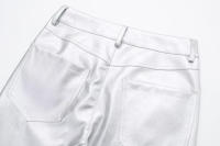 Pantalones de cuero Pu plateados para mujer, Pantalones rectos delgados con cremallera de cintura alta, moda - details 8