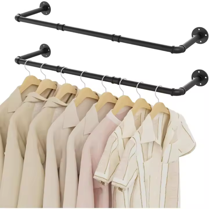100f. x 25 años. x 8,5al. centímetros Juego de 2 percheros de pared industriales, barra para colgar ropa de 100 cm, almacenamiento colgante de prendas de metal de tuberías industriales, ahorro de espacio, negro - 1