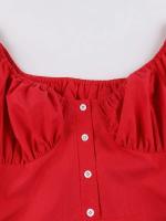 Elegante Vestido Largo Rojo con Cuello de Corazón Vintage Cintura Elástica, Botones Frontales - details 3