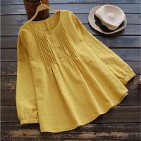 Camisa de lino y algodón para mujer, blusas casuales de talla grande, camisas holgadas de manga larga con cuello redondo, blusa vintage Lisa Haruku - details 7