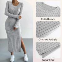 Mia Muse Otoño/Invierno ropa de mujer de tela a rayas, abertura básica elástica con cuello en U, falda larga informal Maxi - details 1