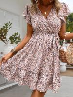 Mini Vestido Floral de Verano Cuello en V, Manga Corta con Volantes, Vestido Elegante de Línea A con Cinturón para Mujeres - details 0