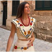 OUWU Conjunto de Top corto estampado para mujer, manga elegante con volantes, cuello cuadrado, sin mangas, Falda plisada de cintura alta, nuevo para 2024 - details 14