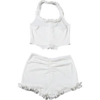 BUNO-Conjunto Casual de dos piezas con cuello cuadrado con volantes para mujer, camisetas sin espalda y pantalones cortos ajustados de estilo versátil - details 8
