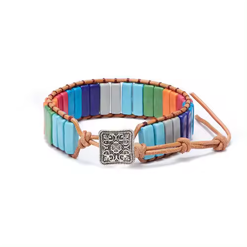 Pulsera de cuero tejido a mano con piedra del emperador del viento bohemio para mujer - 1