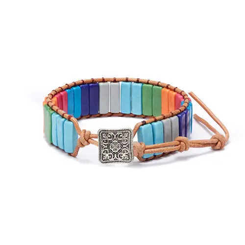 Pulsera de cuero tejido a mano con piedra del emperador del viento bohemio para mujer - 1