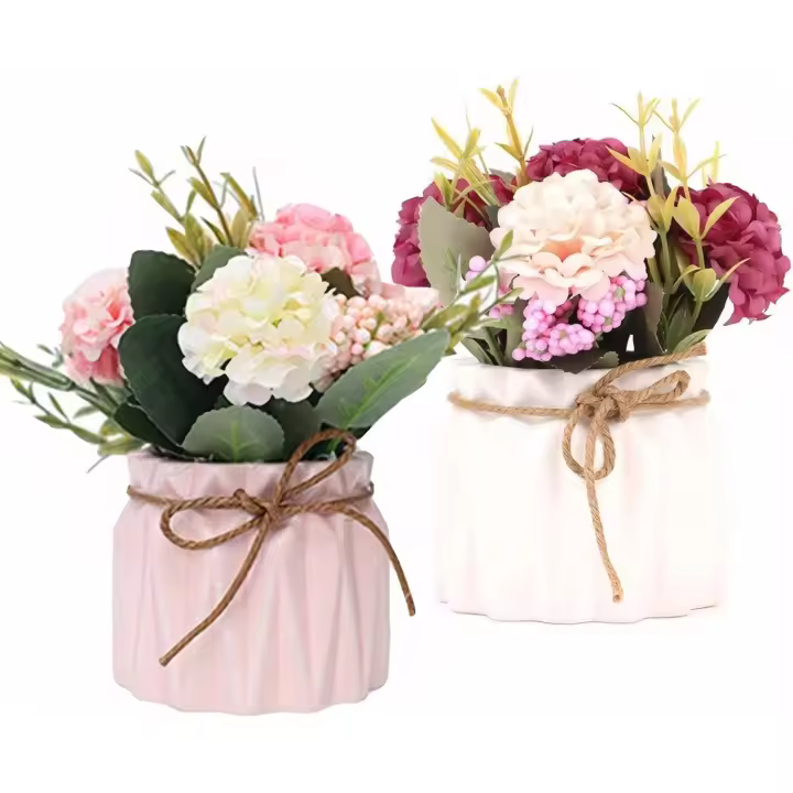 Piezas de Flores Artificiales Decorativas, Maceta Ramo de Hortensias con jarrón de Ceramica para Sala, Oficina, Jardín y Balcón, 2 unidades - 1