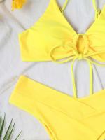 Nuevo conjunto de bikini de alta elasticidad verano 2025, sexy de dos piezas con cordones de color sólido para mujer, traje de baño de playa - details 28