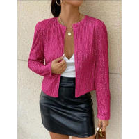 Chaqueta de manga larga con cuello redondo y lentejuelas para mujer, abrigo corto elegante de Color liso para primavera y otoño - details 17