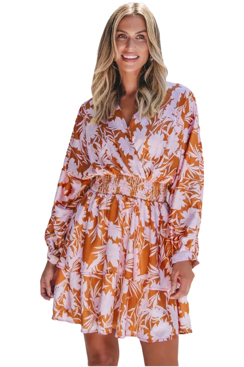 Elrachen Vestido floral en capas con cintura fruncida y mangas abullonadas para mujer, marrón, tallas S-XL - 1