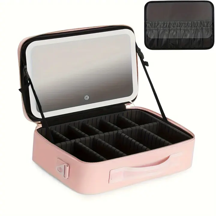 Gran necesidad de viaje con espejo LED iluminado, brillo ajustable, estuche de cosméticos profesional con soporte para brochas - 1