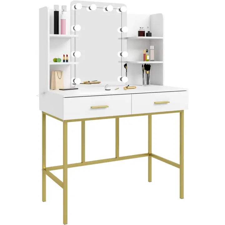 Tocador de Maquillaje con Espejo y 10 Bombillas LED, Mesa de Maquillaje Moderno con 2 Cajones y 4 Estantes para Dormitorio, 90x45x136cm, Madera y Metal, Blanco+Dorado, MB6077ws - 1