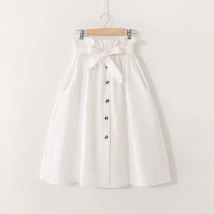 Women summer midi elegant solid high waist a-line cotton skirt - 1