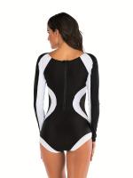 Traje de baño de una pieza con mangas largas y detalles de colores contrastantes, traje de surf y buceo de corte alto con - details 8