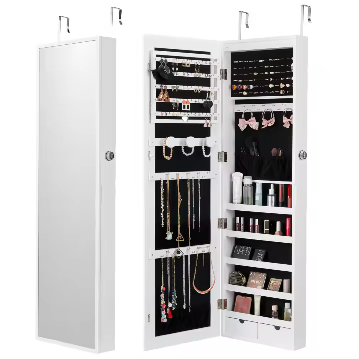 SucceBuy Gabinete de joyería con cerradura de 47,05 pulgadas, espejo de cuerpo entero, organizador montado en la pared/puerta con luces LED y forro de terciopelo, blanco - 1