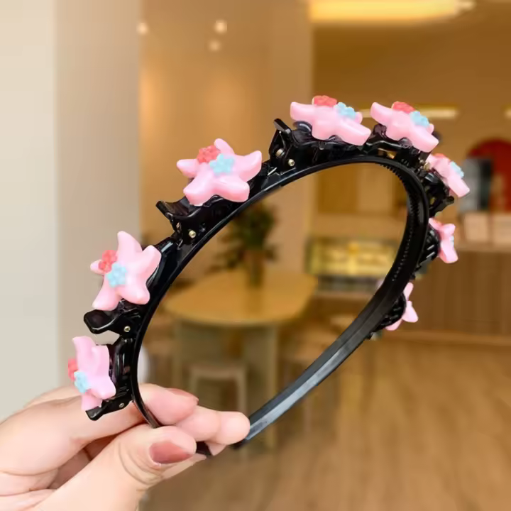 Horquilla coreana con flequillo doble, diadema con flores coloridas de princesa, aro de pelo ondulado para niños, diadema trenzada Kawaii con dientes para fiesta - 1