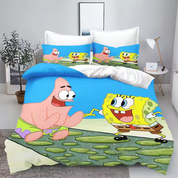Juego de ropa de cama de Bob Esponja para niños, edredón de poliéster 100%, 3D, tamaño King - 1