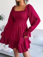 Vestido elegante de manga larga para mujer, falda de cuello cuadrado, de Color sólido vestido de volantes, moda de primavera y otoño - details 14