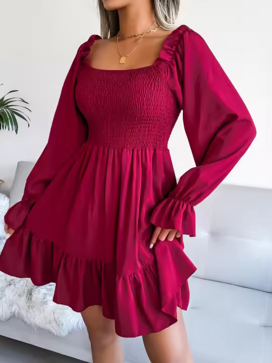 Vestido elegante de manga larga para mujer, falda de cuello cuadrado, de Color sólido vestido de volantes, moda de primavera y otoño - 1