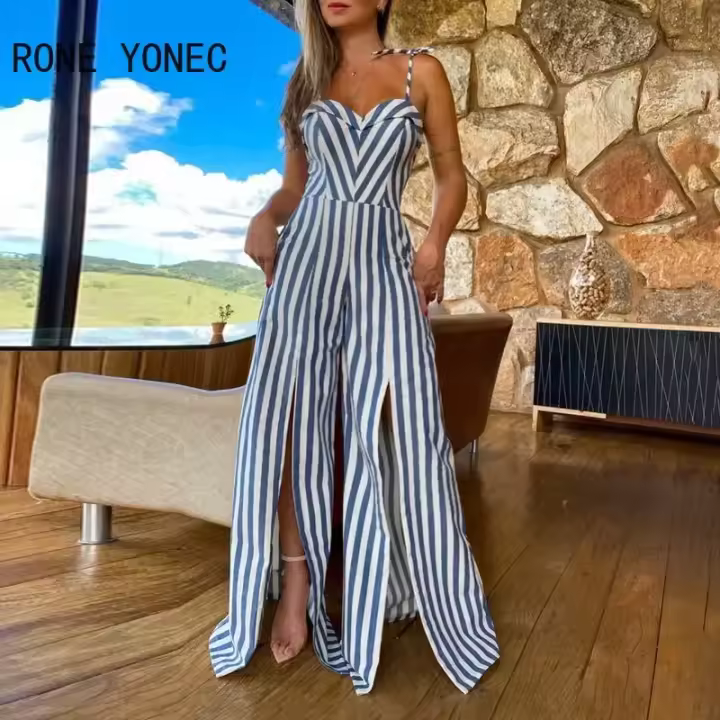 Mono elegante a rayas con delicadas tirantes y encaje sin mangas, adecuado para mujer - 1