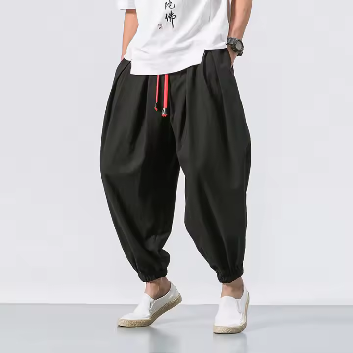 2025 nueva linterna suelta algodón cáñamo apretado hombres ancho Haren pantalones de pierna pequeña - 1