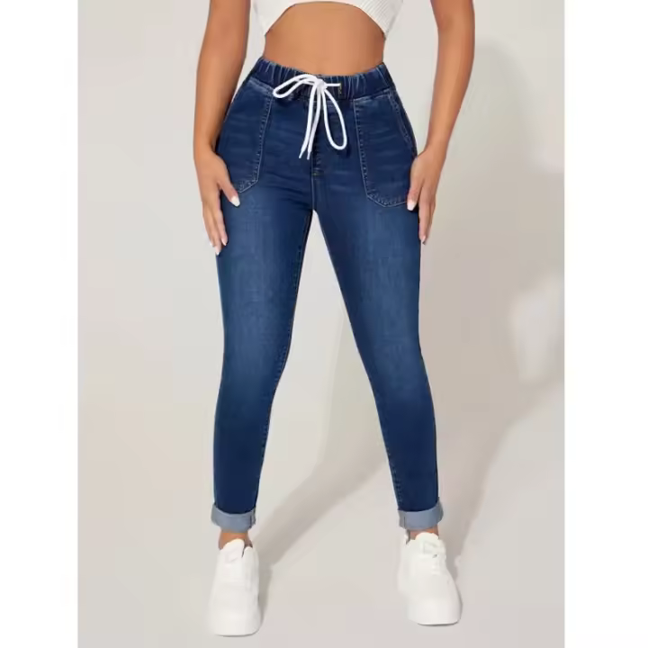 Pantalones vaqueros de mezclilla con cordón en la cintura para mujer, pantalones de tubo elásticos de cintura alta, pantalones de mujer - 1