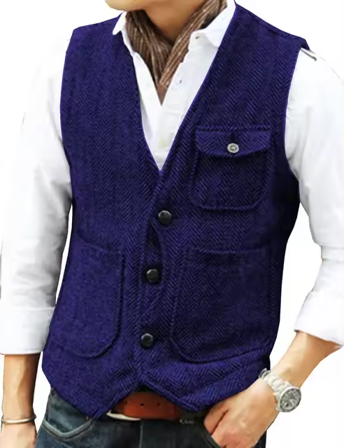 Chaleco de hombre marrón de lana en espiga Tweed con cuello en V, chaleco de herramientas Retro de un solo pecho, chaleco de negocios para caballero para boda - 1
