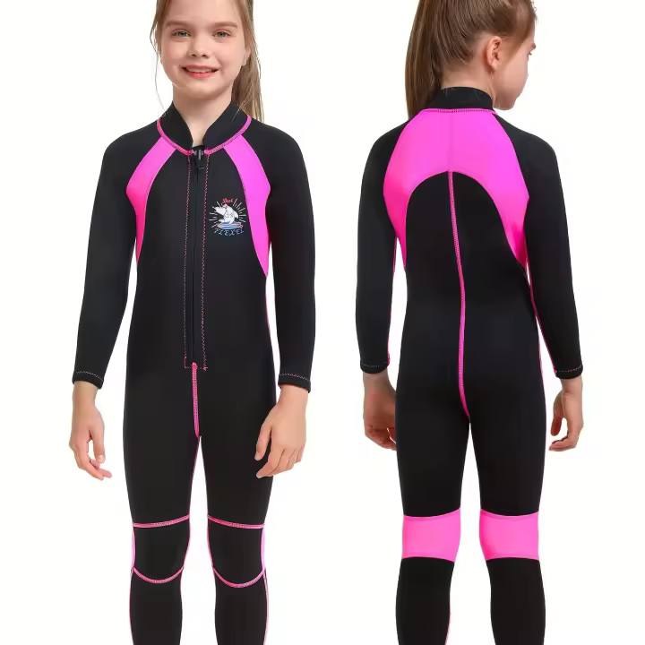 Niña usando cremallera frontal completa de caucho de cloropreno de 2 mm, mangas largas, 1 pieza, para surfear - 1