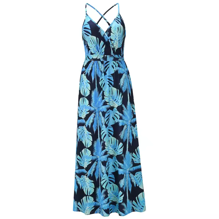 Vestidos largos con cuello en V para mujer, sin mangas, cintura alta, playa, Maxi, estampados azules S - 1