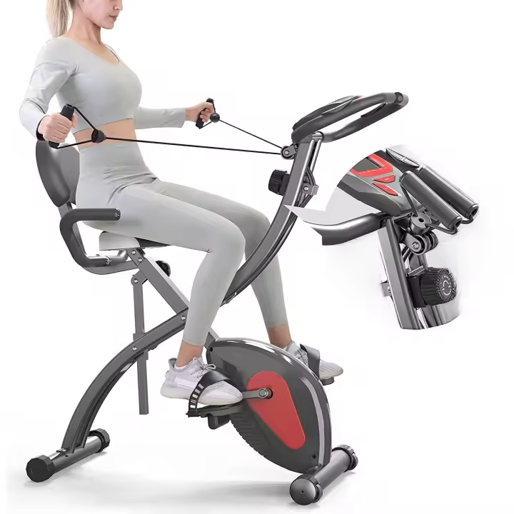 Bicicleta de Ejercicio Plegable Fitness con Respaldar, Banda de Resistencia, 8 Niveles de Resistencia Magnética, Sensor de Pulso, Altura Ajustable, Peso Máximo 120kg - 1