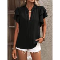 Jersey Elegante De Color Rojo Rosa Para Mujer, Blusa Informal Con Cuello En V Y Mangas Con Volantes De Doble Capa, Top De Color Sólido - details 40