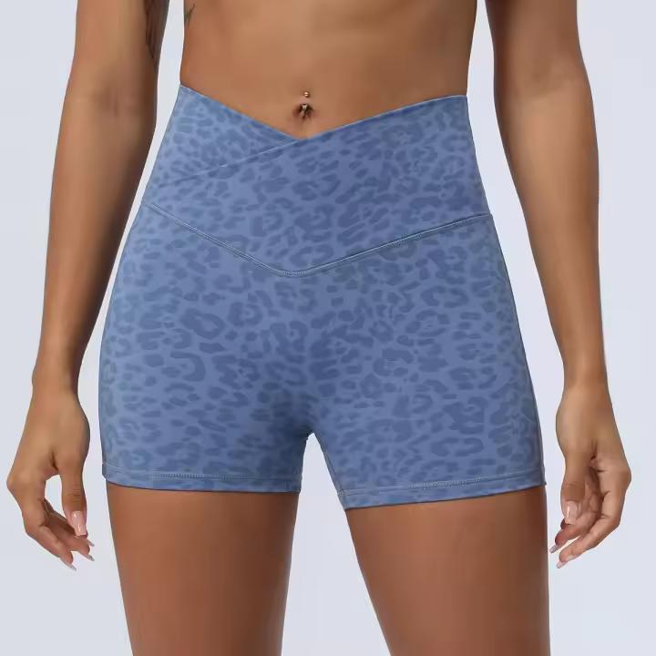 Pantalones cortos de Yoga con estampado de leopardo, pantalones cortos ajustados con cintura cruzada para levantamiento de cadera, pantalones elásticos de cintura alta para correr, pantalones deportivos transpirables de secado rápido - 1