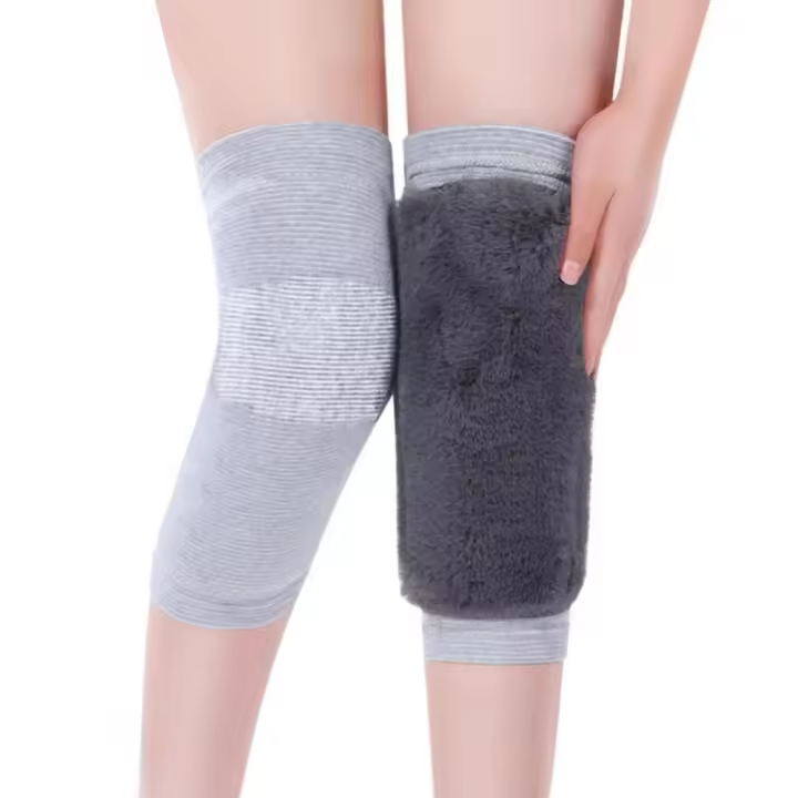 1 par de rodilleras de pelo de conejo de imitación para invierno y otoño, calentador de rodilla de felpa para recuperación de articulaciones para personas mayores, soporte gris/negro - 1