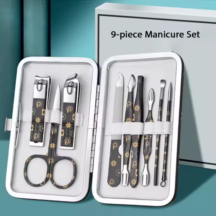 Kit de manicura profesional, cortaúñas de acero inoxidable con Estuche De Viaje de cuero marrón portátil, regalo de lujo, 9-19 Uds. - 1